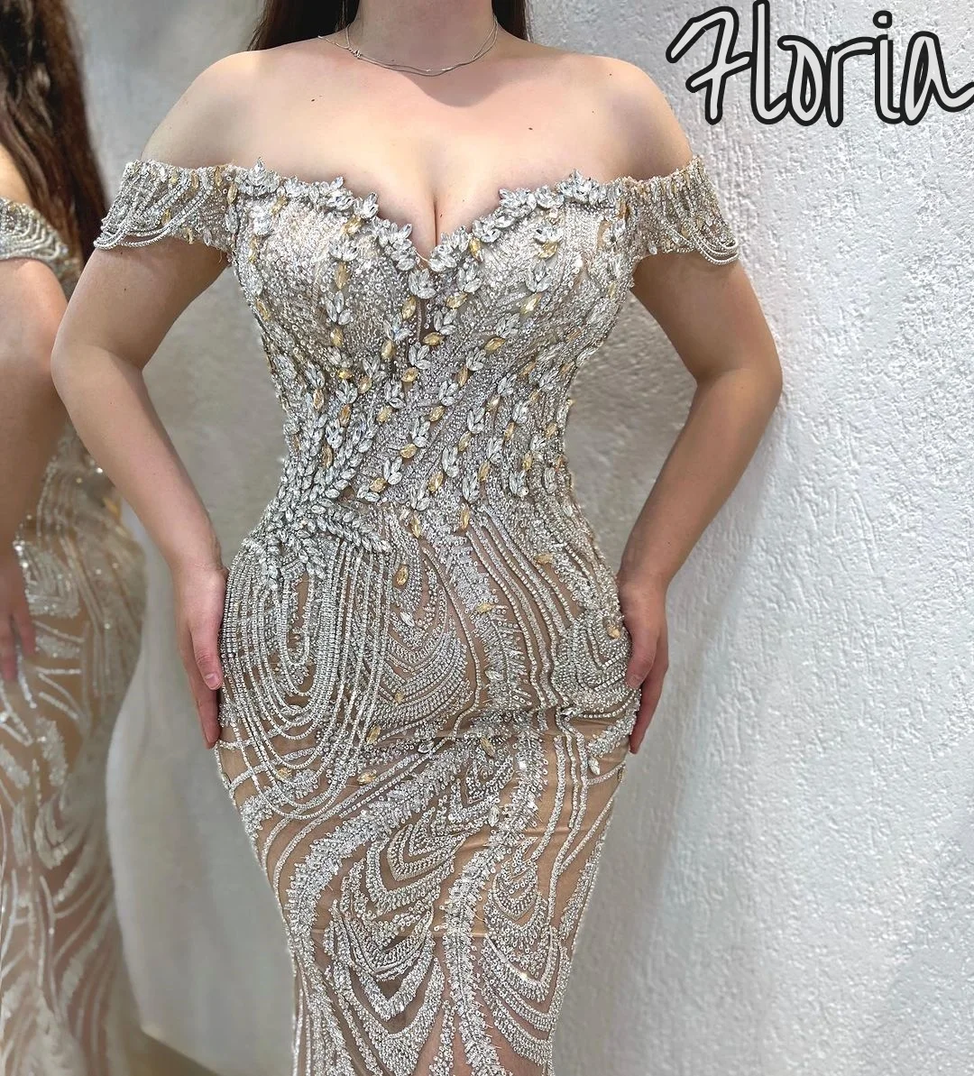 คําแชมเปญลูกปัด Mermaid Evening Dresses ปิดไหล่ชุดพรรคอย่างเป็นทางการ Robes De Soirée Custom Made