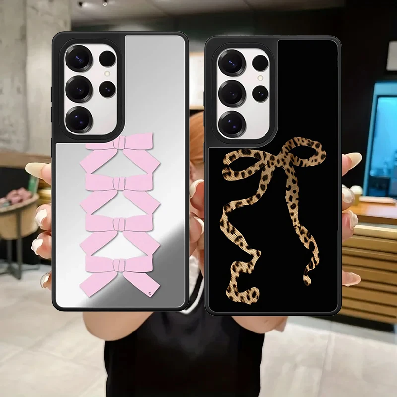 

Pink Red Leopard Bowknot Mirror Case for Samsung Galaxy S26 S25 S24 Ultra S26U S24+ S25+ S26 Plus Protective Case