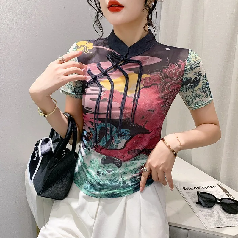 Retro Nappa Pulsante Slim Fit Me Base irt Donna 2023 Nuova Stampa Versatile T-shirt Top Summer Street Sle Poliestere