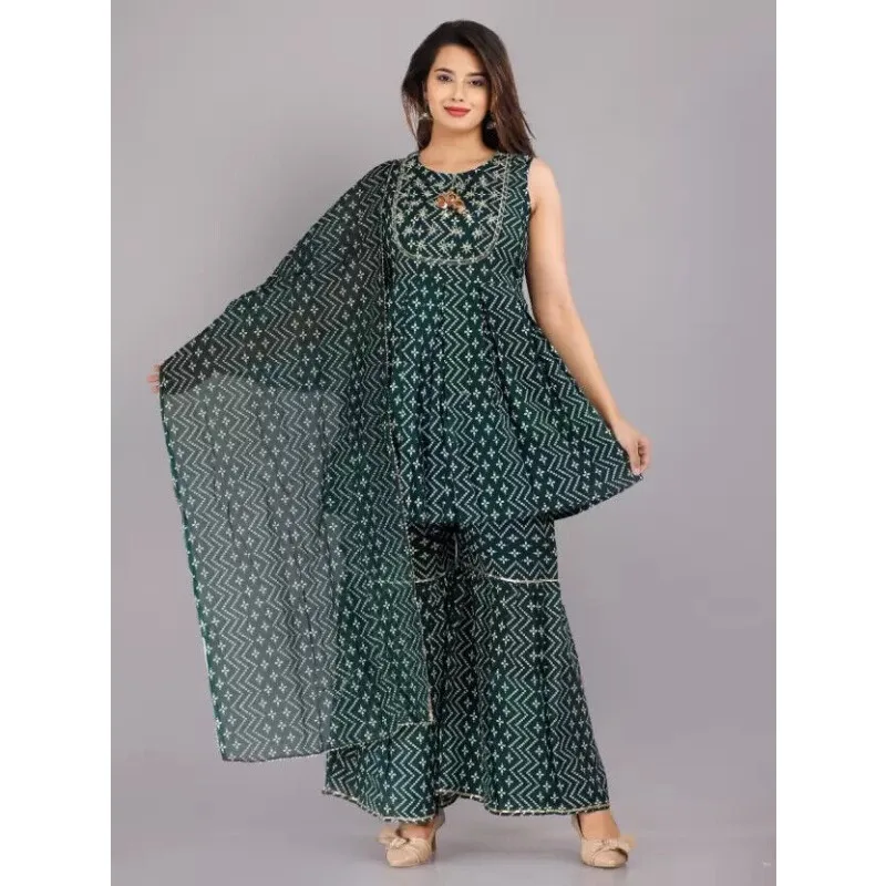 

Women Kurta Sharara and Dupatta Set Cotton Rayon Green Round Neck Sleevless Salwar Kameez Kurti