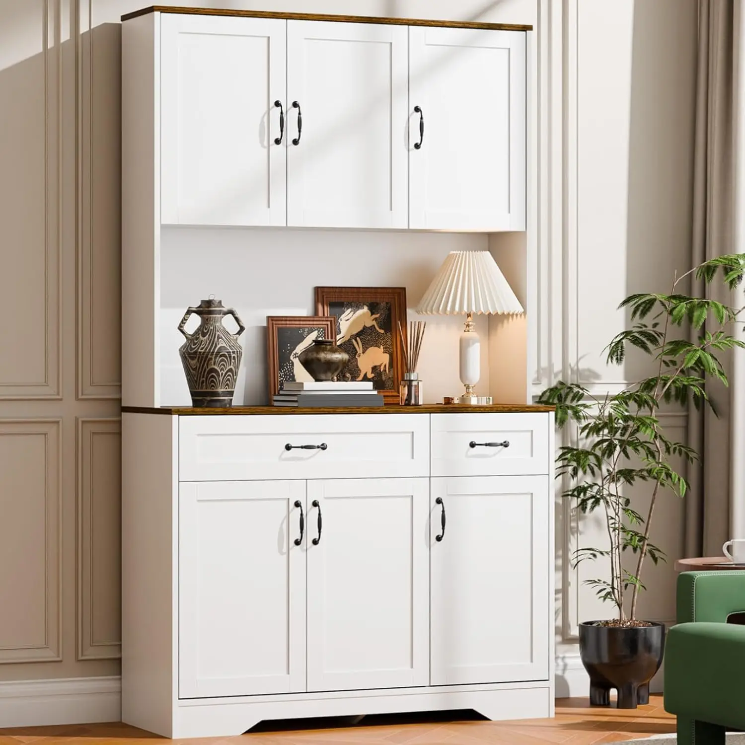 Tall Kitchen Hutch Cabinet Drawers&Power Outlet, Farmhouse Pantry Storage Cabinet Large Wood Coffee Bar Microwave Stand Cupboard