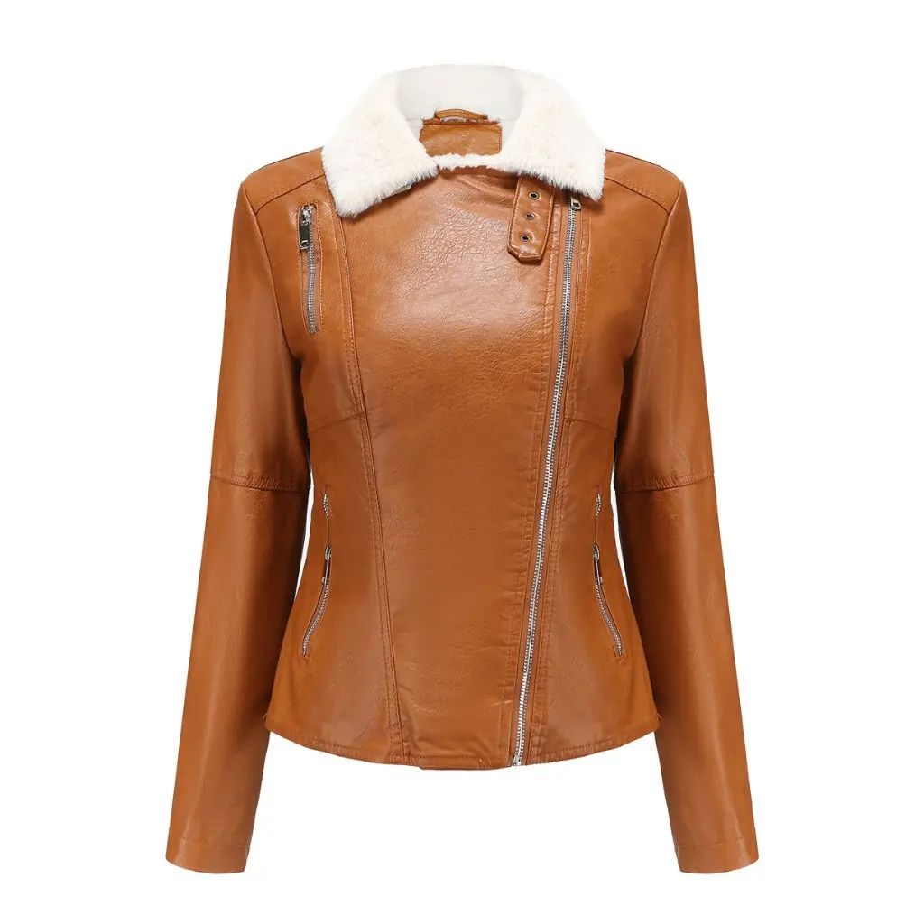 Women's Fleece-Lined Fur Leather Jacket Long-Sleeved Warm Casual One-Piece Autumn Winter Outerwear European American Style