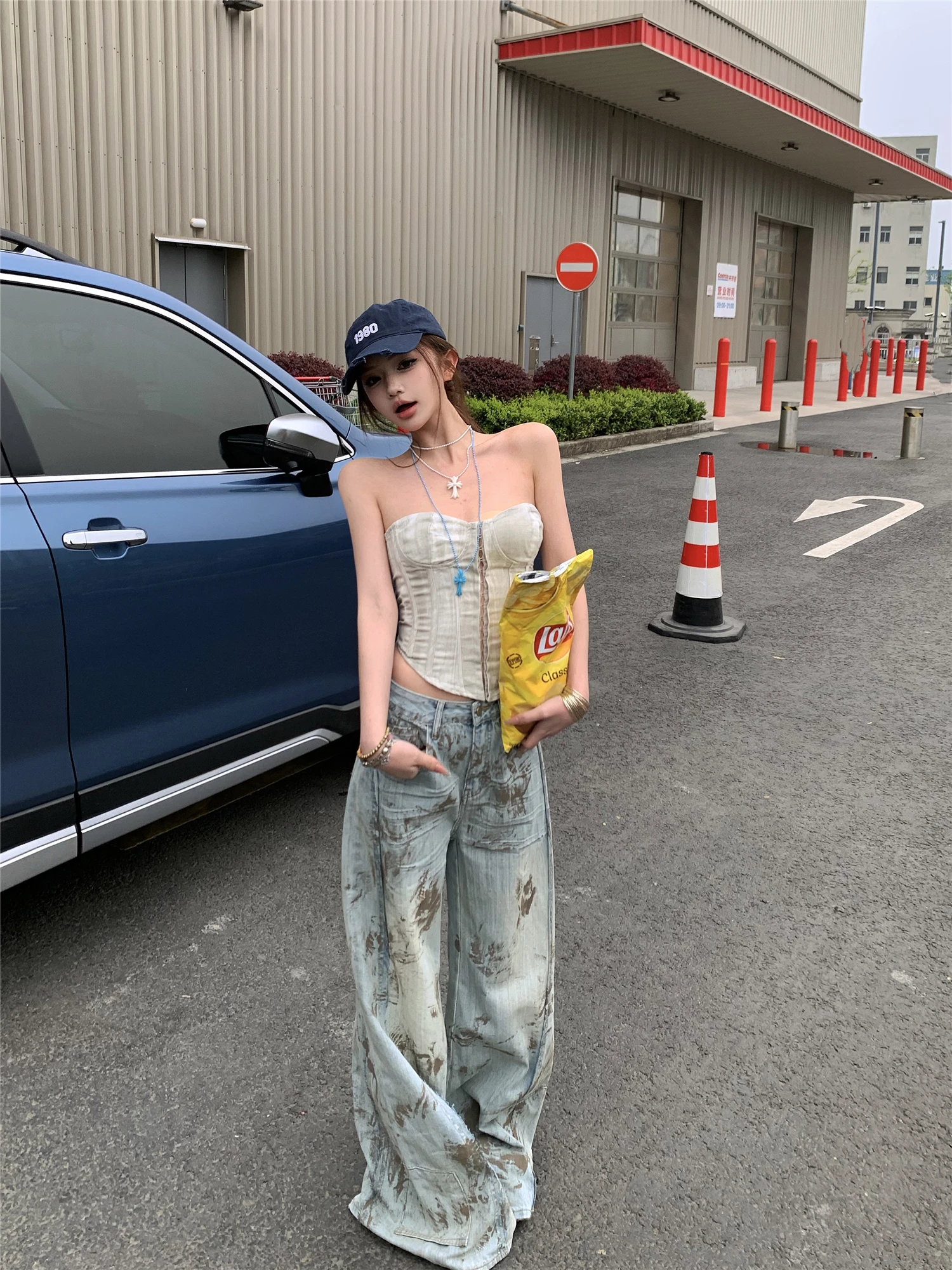 Retro Faded Wide Leg Denim Jeans Women's Low Waist Straight Leg Pants American Style Loose Lazy Match All Long Trousers