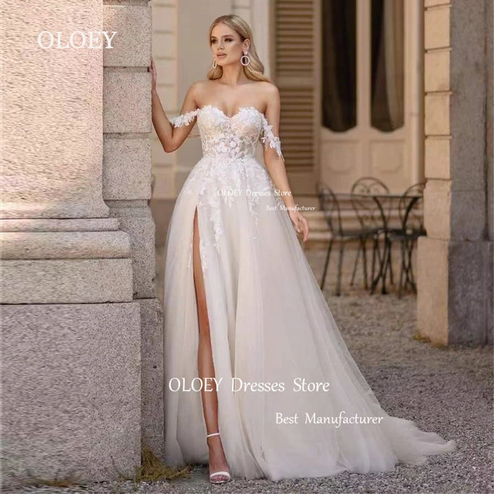 OLOEY Exquisite Lace Wedding Dress Sweetheart Off Shoulder High Slit Bridal Gown Floor Length A Line Custom Zip Button Corset