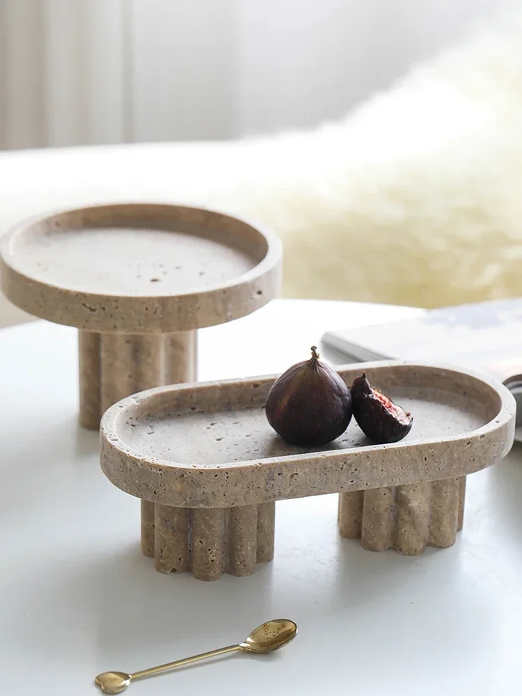 Beige Vintage Travertine Marble Tray with Leg Vintage Natural Stone Jewelry Cosmetics Tray Serving Tray Cup Cake Stand for Home