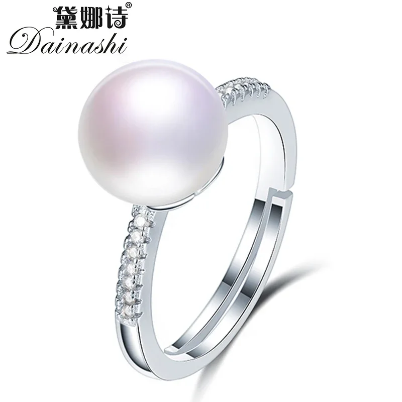 

Dainashi Fashion 100% Genuine Freshwater Cultured Pearl Ring 925 Sterling Silver Simple Zircon Crystal Adjustable Ring for Women