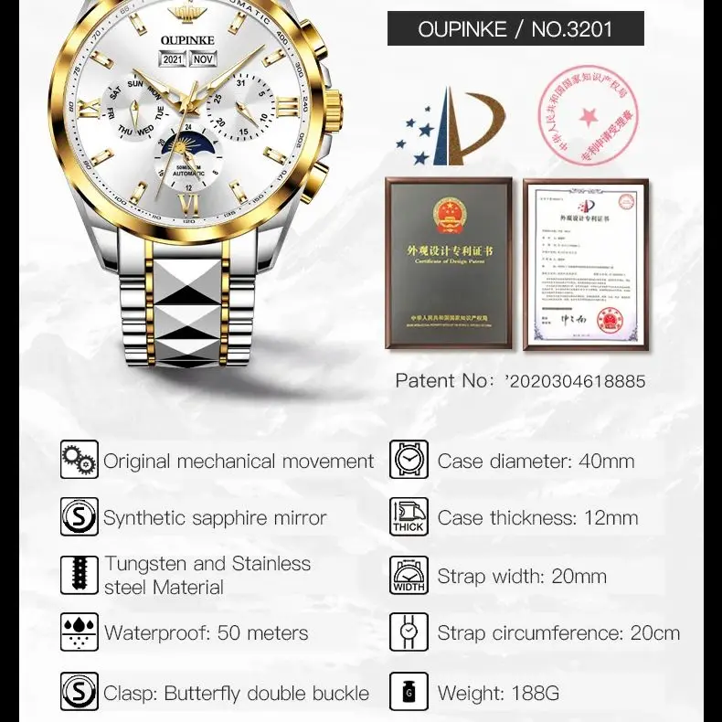 OUPINKE Top Luxury Male Watch Automatic Mechanical Men Watch 50M Waterproof Sapphire Mirror Original Wristwatch