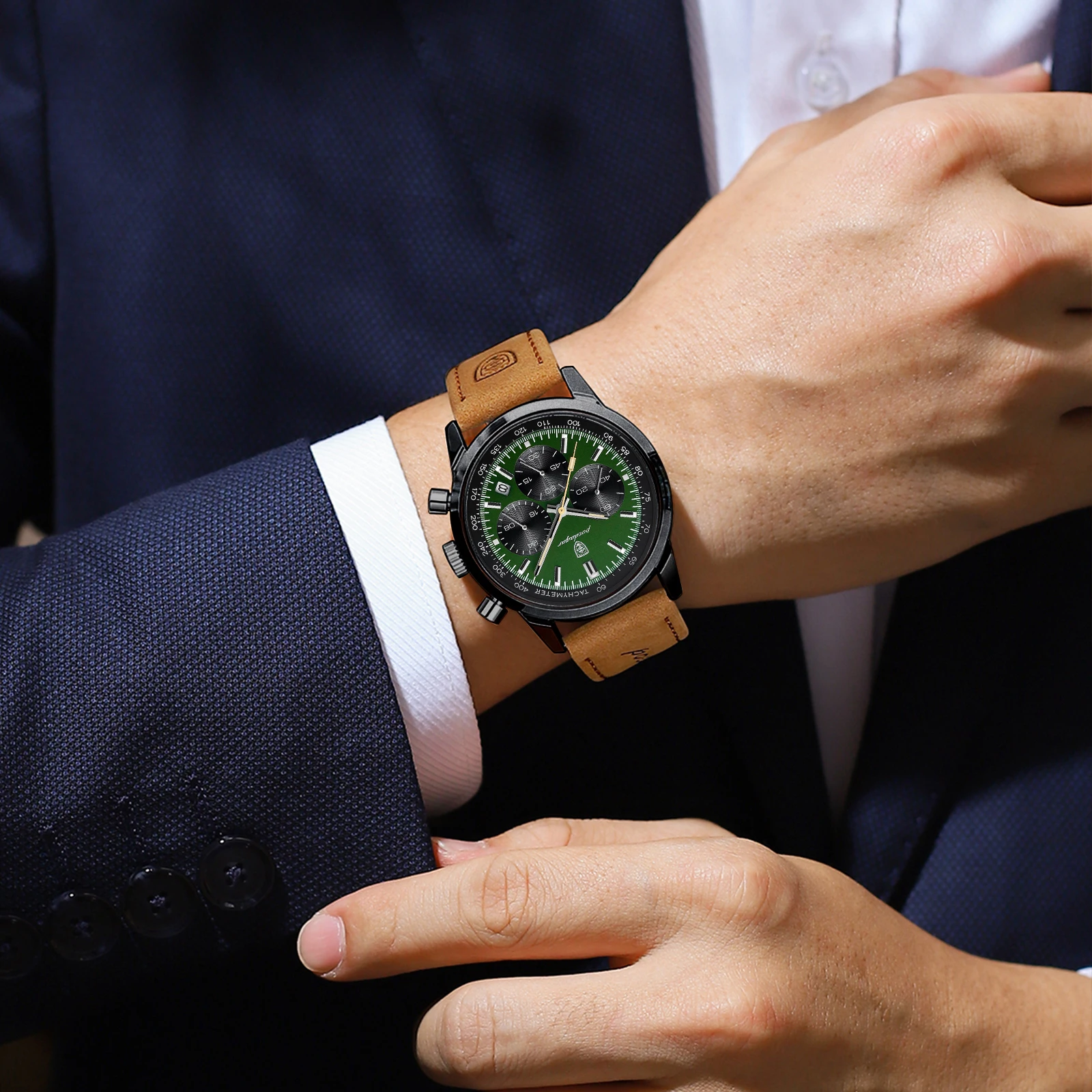 POEDAGAR موضة ساعة يد رياضية للرجال مقاوم للماء مضيئة كرونوغراف العسكرية رجل ساعة جلدية فاخرة كوارتز ساعات رجالية