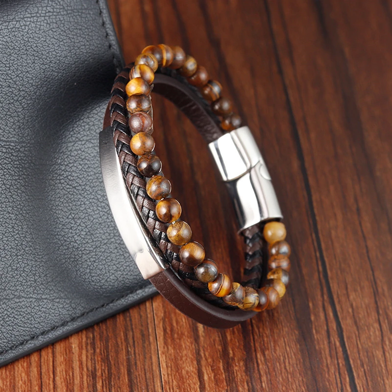 Premium Stainless Steel Jewelry Genuine Leather Woven Tiger-eye Beaded Bracelets Luxury Brand Bracelet Men