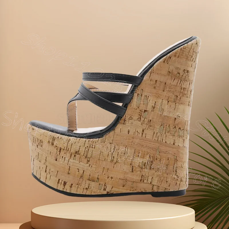 

Black Strappy Flip Flop Wooden Wedges Heel Slippers Slip On Women Shoes Open Toe New Party Feast Dating 2026 Zapatos Para Mujere