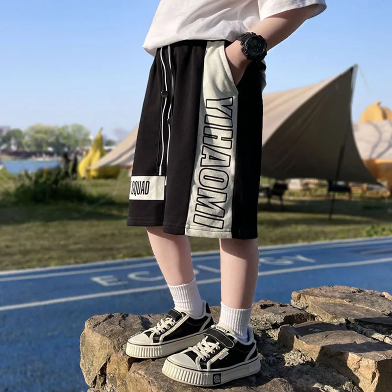 Boy Trendy Casual Knit Cargo Shorts with Side Letter Kids Elastic Waistband Outdoor Short Pants Tween Child Cotton Summer Shorts