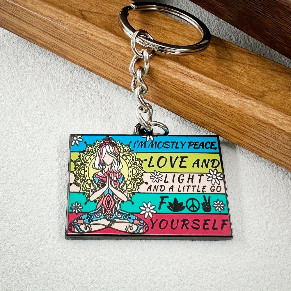Fun Yoga Meditation Girl Keychain Hippie Girl I'M Mostly Peace Love And Light Artistic Keyring Retro Mindfulness Wellness Gift
