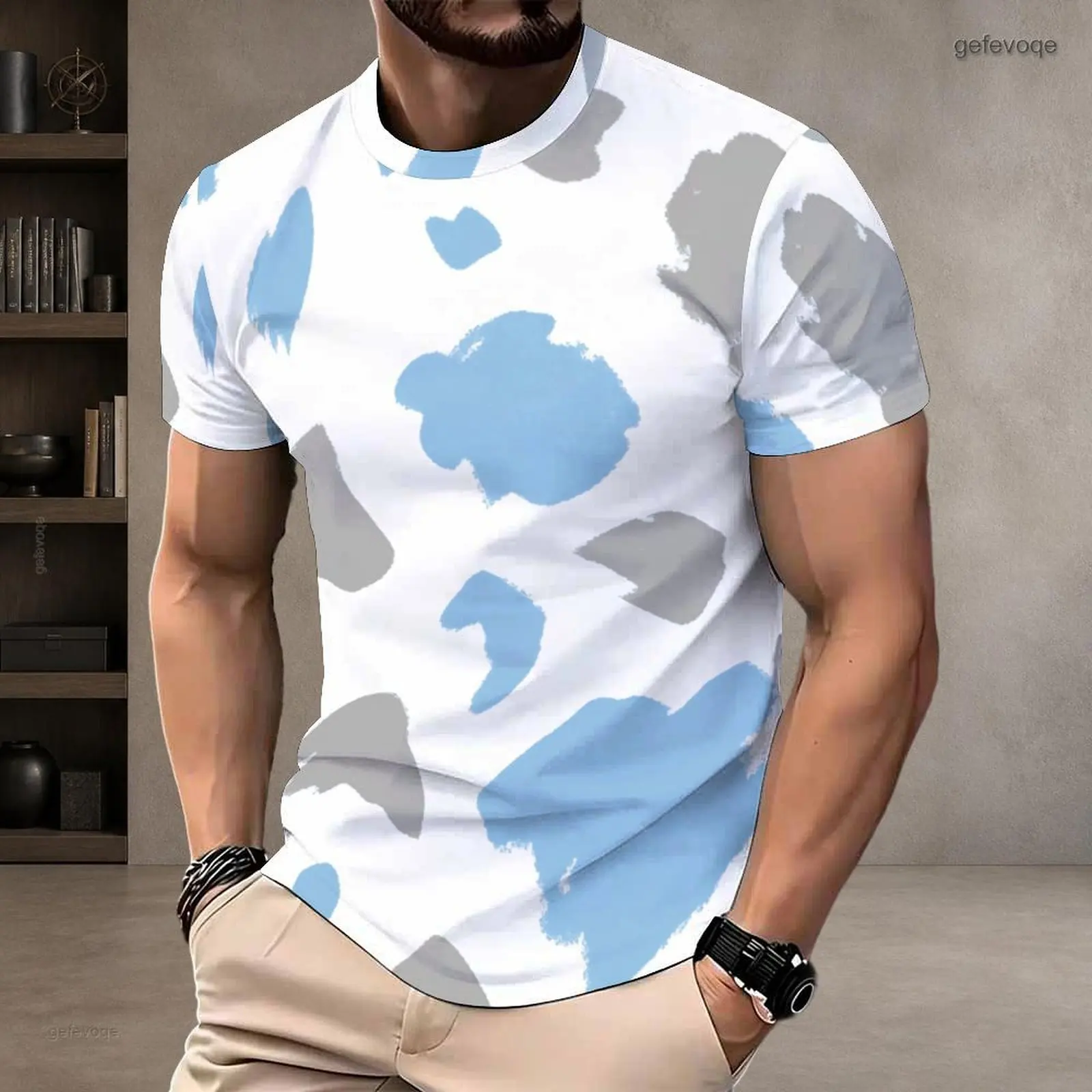 Men White Light Blue Grey Abstract Brush Splash Print Short Sleeve Round Neck T-Shirt
