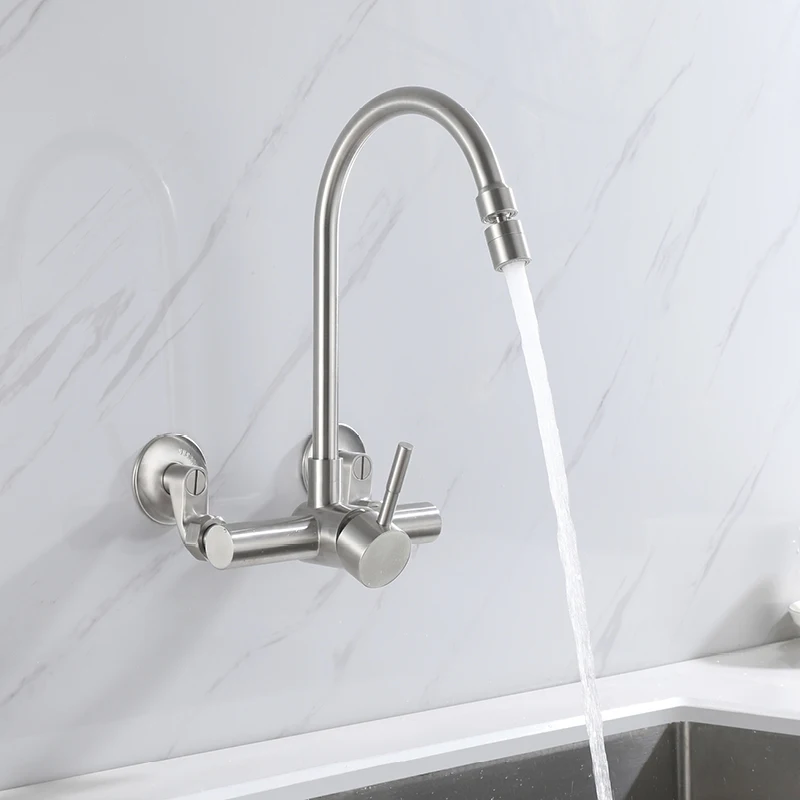 2 Function Kitchen Sink Faucet Wall Mounted Rotatable 360° Vessel Sink Faucet Dual Hole Hot and Cold Mixer Tap Brushed