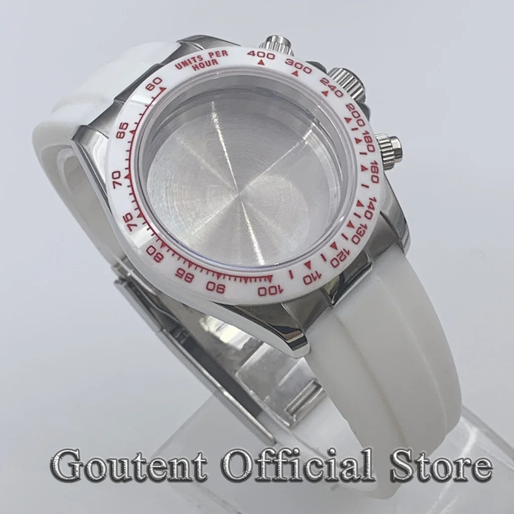 Goutent 40mm Silver Sapphire Crystal Quartz Watch Case White Rubber Strap Fit VK63 Movement Watch Accessories