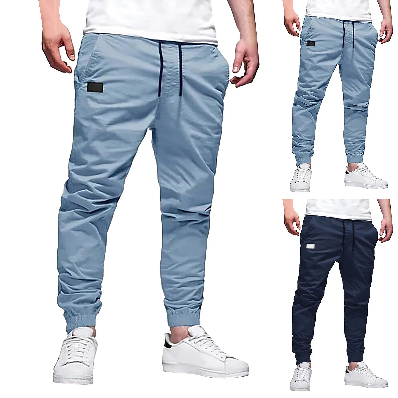 Mens Casual Sweatpants Solid Color Drawstring Double Pocket Bunched Feet Sports Joggers Skinny Comfort Fitness Sweatpants Male