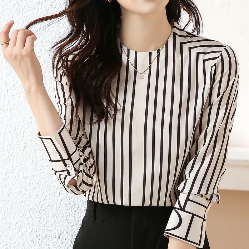 Stripe Print Women Blouse Fashion O-Neck Long Sleeve Vintage Tops Office Lady Elegant Shirt Casual Loose Clothing