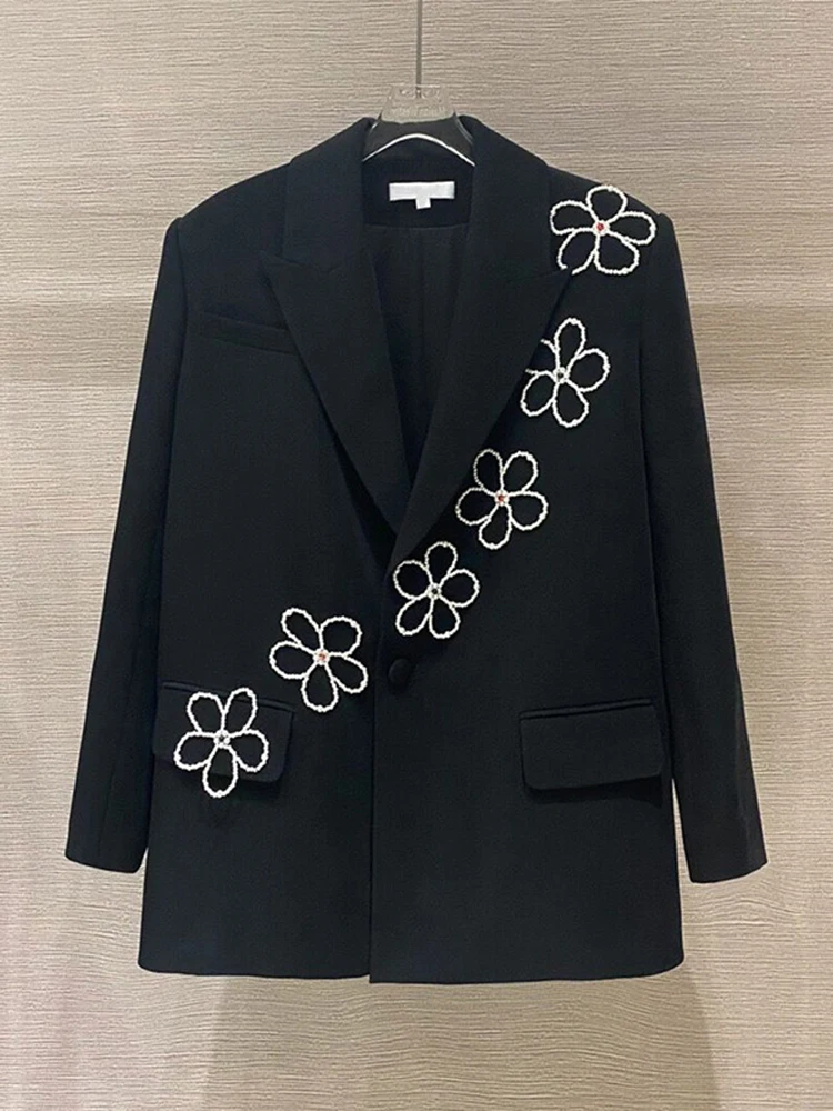 DEAT Fashion Women\'s Blazer Notched Collar Loose Embroidered Flares Flower Pearls Black Suit Jackets Spring 2024 New 17A5298