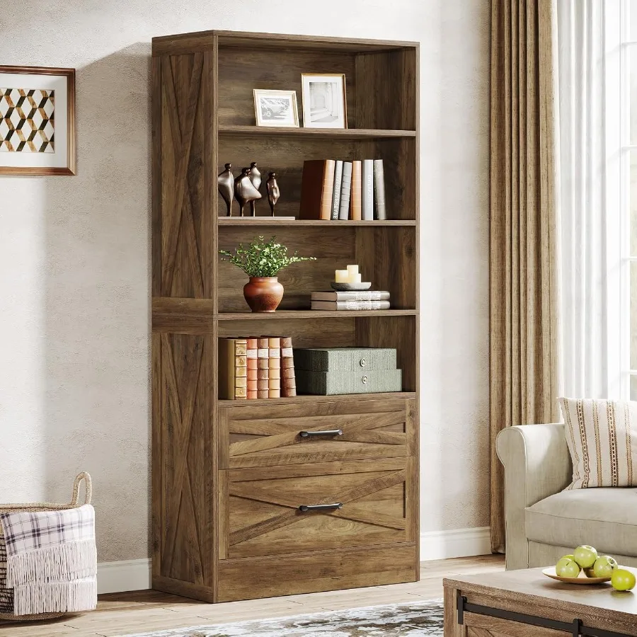 72 Tall Bookshelf with File Cabinet Drawer 6Shelf Wooden Bookshelves with Storage for Living Room Home Office Organization Book