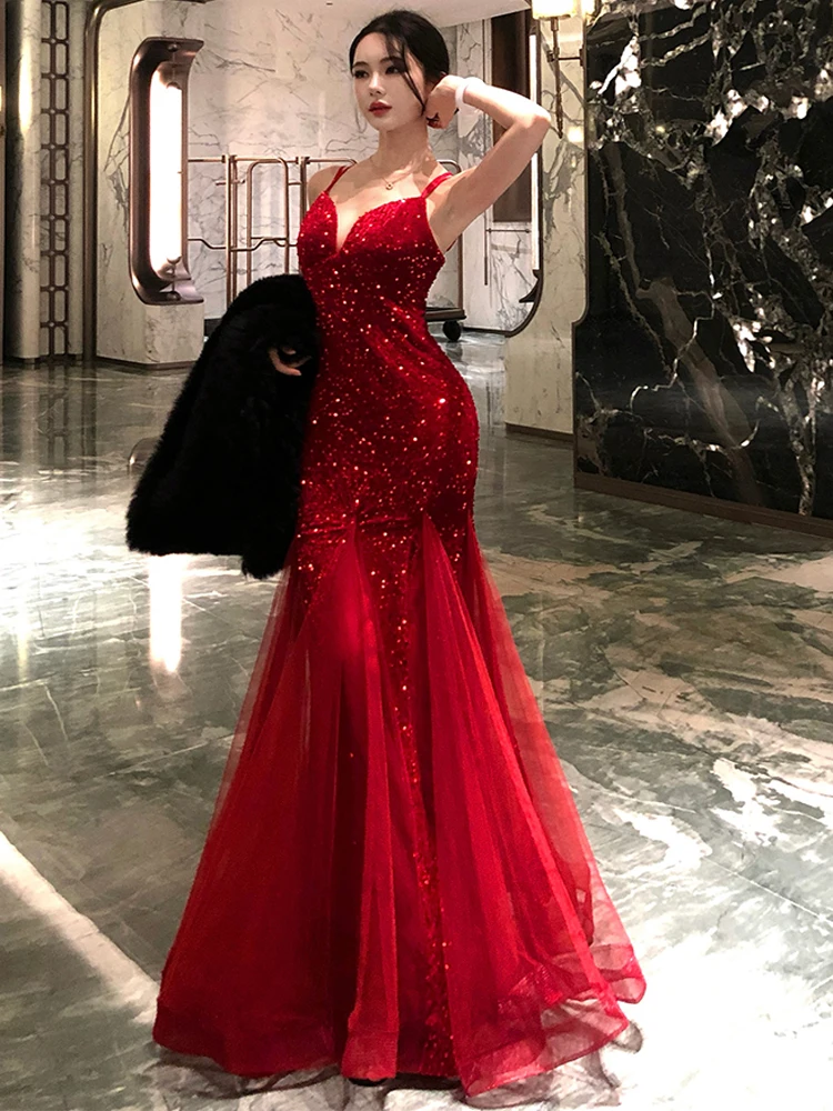 Sexy Backless Spaghetti Straps Red Evening Dress Elegant Deep V-Neck High Waist Luxury Shiny Sequins Party Female Tulle Dresses