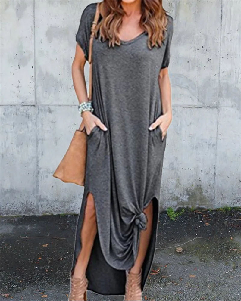 

Women's V-Neck Side Slit Maxi Dress Knot Detail and Pocket Design Stylish Relaxed-Fit Dress