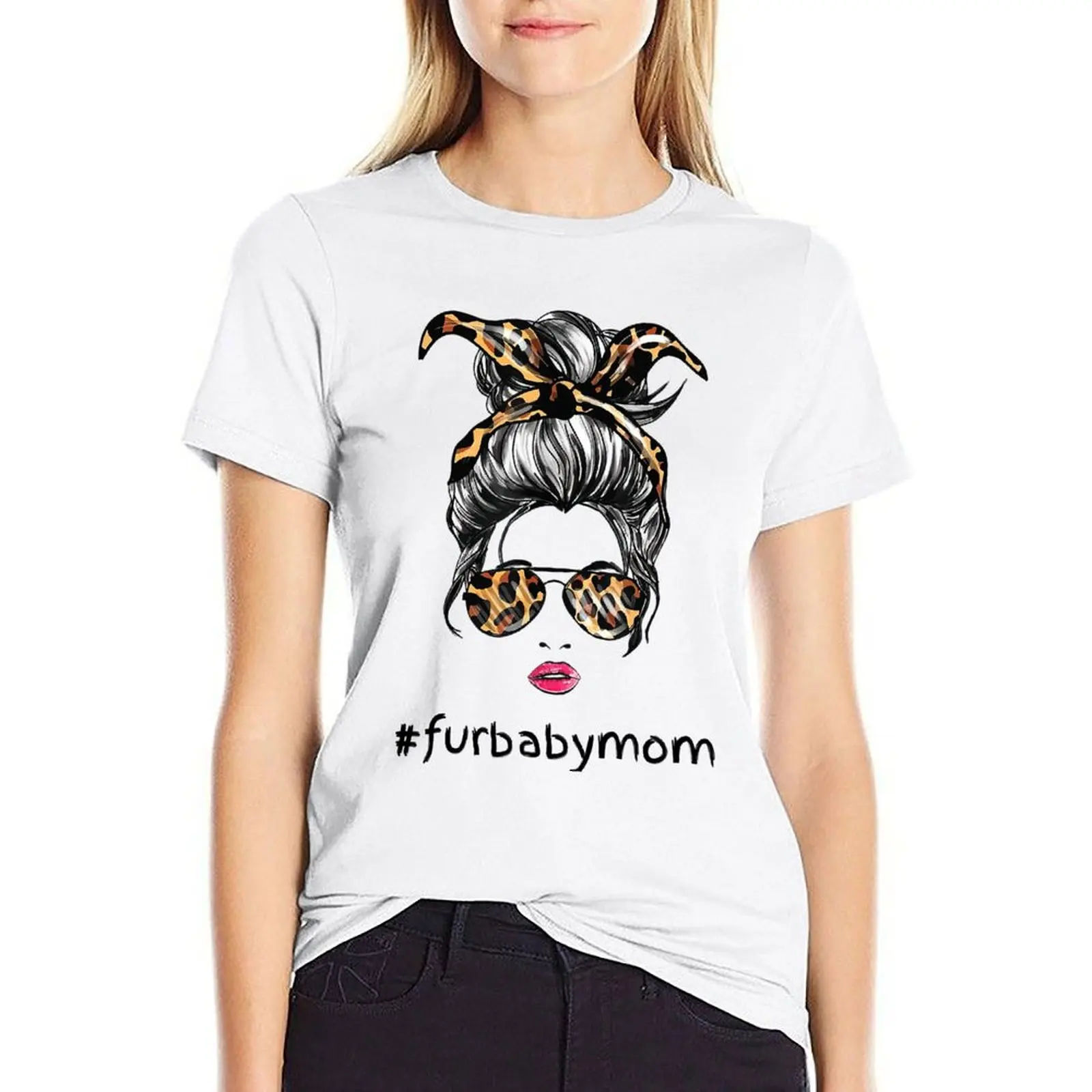 

Fur Baby Leopard Messy Bun Sister Life T-shirt summer top Short sleeve tee tees Summer Women's clothing