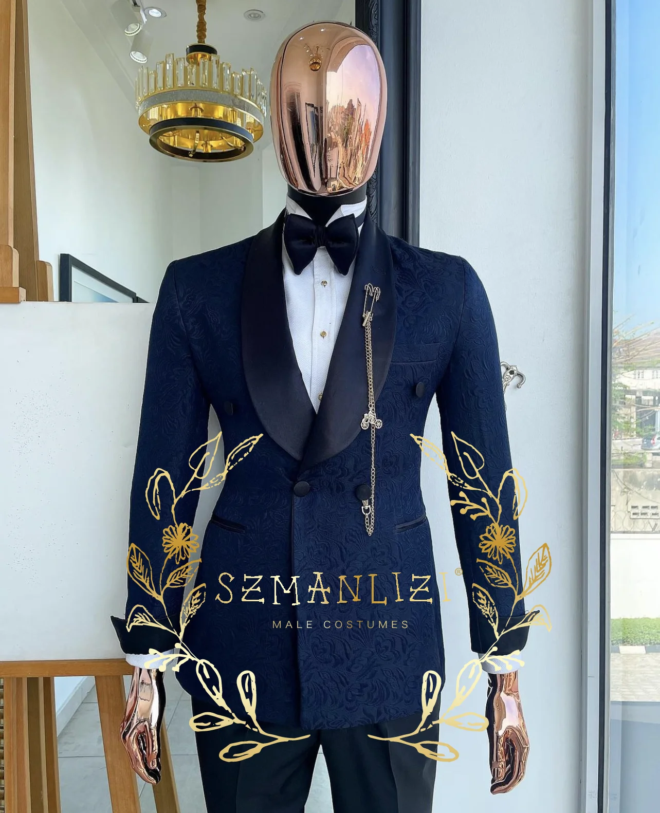 

SZMANLIZI Navy Blue Floral Jacket Black Pant Double Breasted Suit For Men Latest Design 2022 Groom Suit For Wedding Blazer Sets