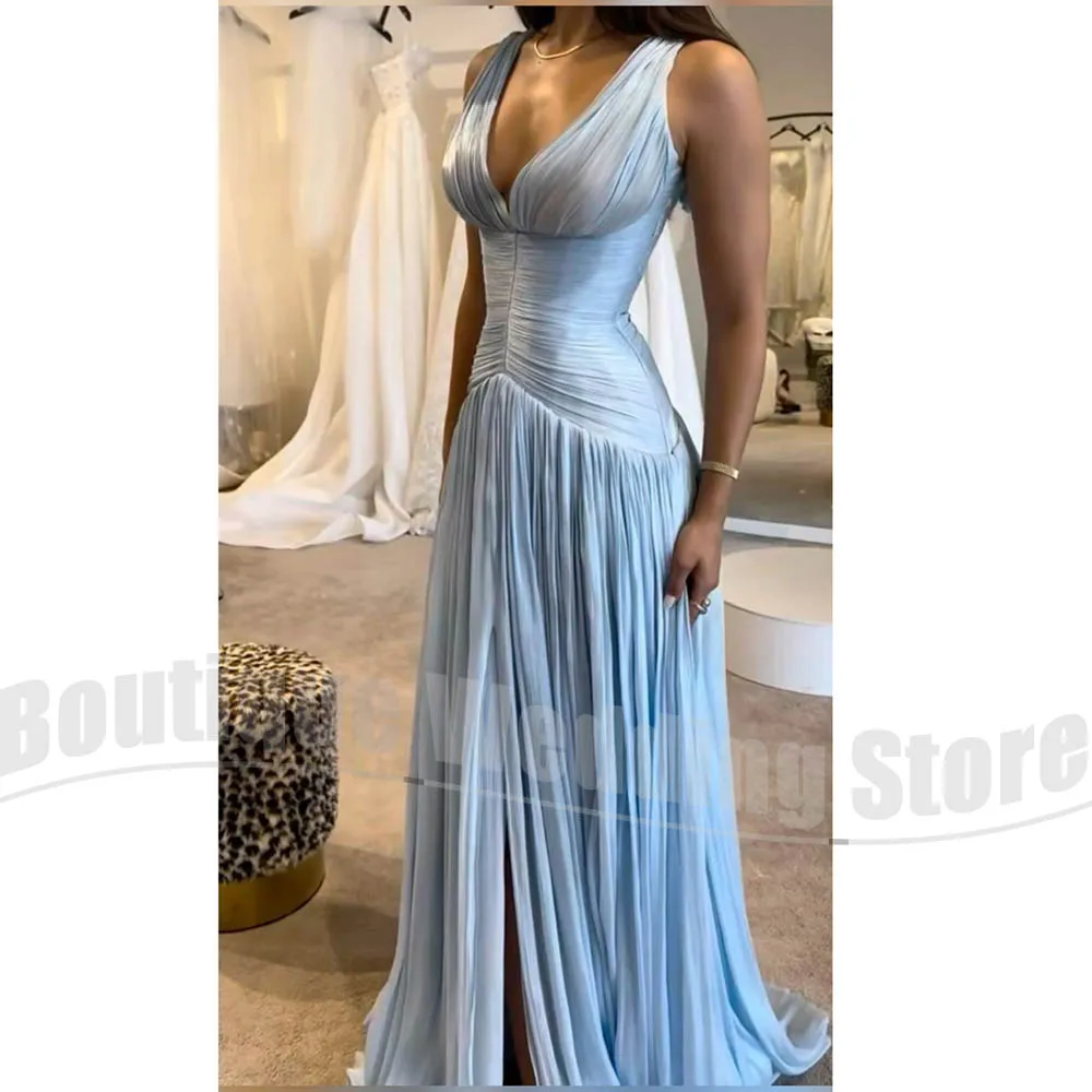 

Evening Dresses with Deep V-Neck Pleated Skirt High Side Slit Floor Length Formal Gowns for Prom Wedding Guest Party Dresses