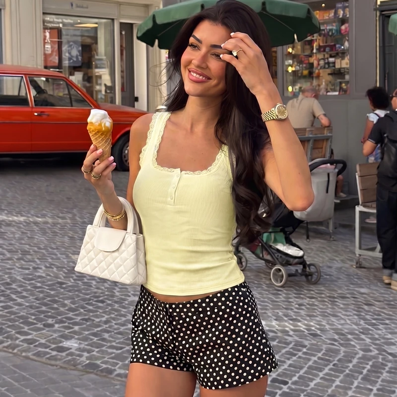 Hugcitar Geripptes Crop-Top mit quadratischem Kragen, Trägern, Patchwork, Spitze und Knöpfen, sexy Crop-Top für den Sommer, Damenmode-Outfit, Streetwear, Yoga, Club – Detail 16