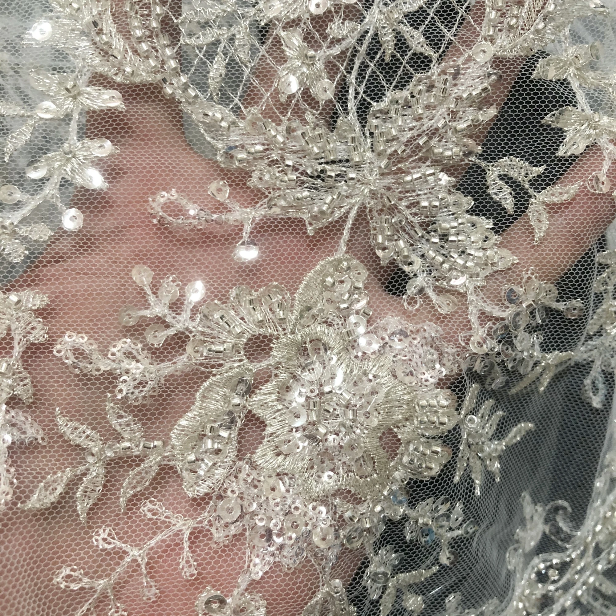 New Luxury Court Style Sequin Beads Embroidered Wedding Lace Fabric Custom Evening Dress Accessories