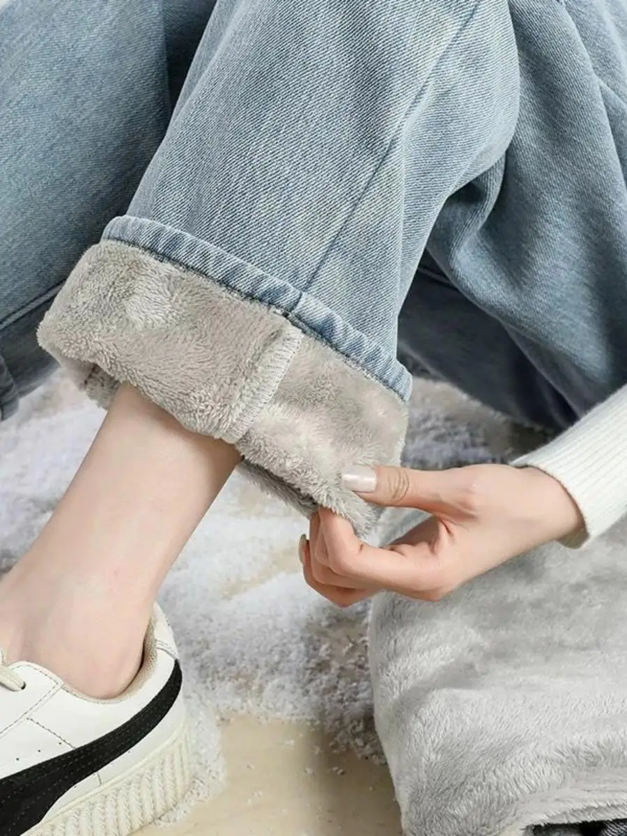 

Thiened Fce Широкие джинсы с высокой талией Женские свободные осенне-зимние новые драпированные брюки длиной до пола прямого кроя