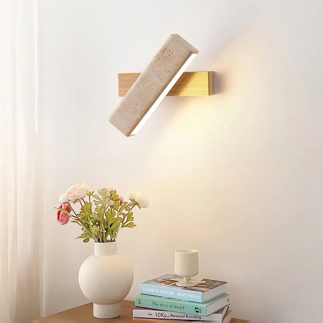 Waterproof Yellow Travertine LED Wall Sconce Natural Stone Minimalist Lamp for Bedroom Bedside Corridor Outdoor Patio Balcony