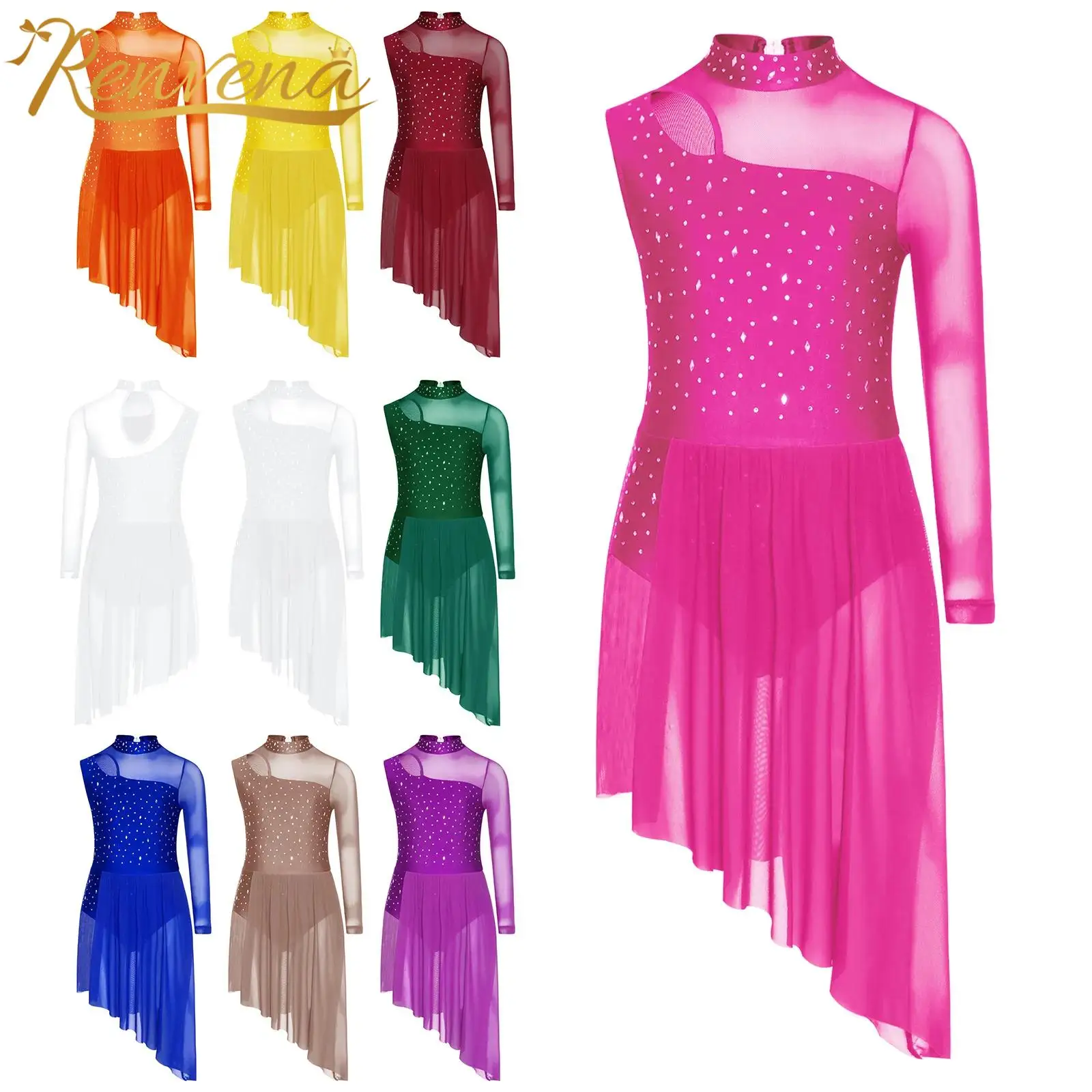 Children Modern Contemporary Lyrical Dance Costume Rhinestones Artistic Skating Dress Sheer Mesh Ballet Leoatrd Dress Dancewear