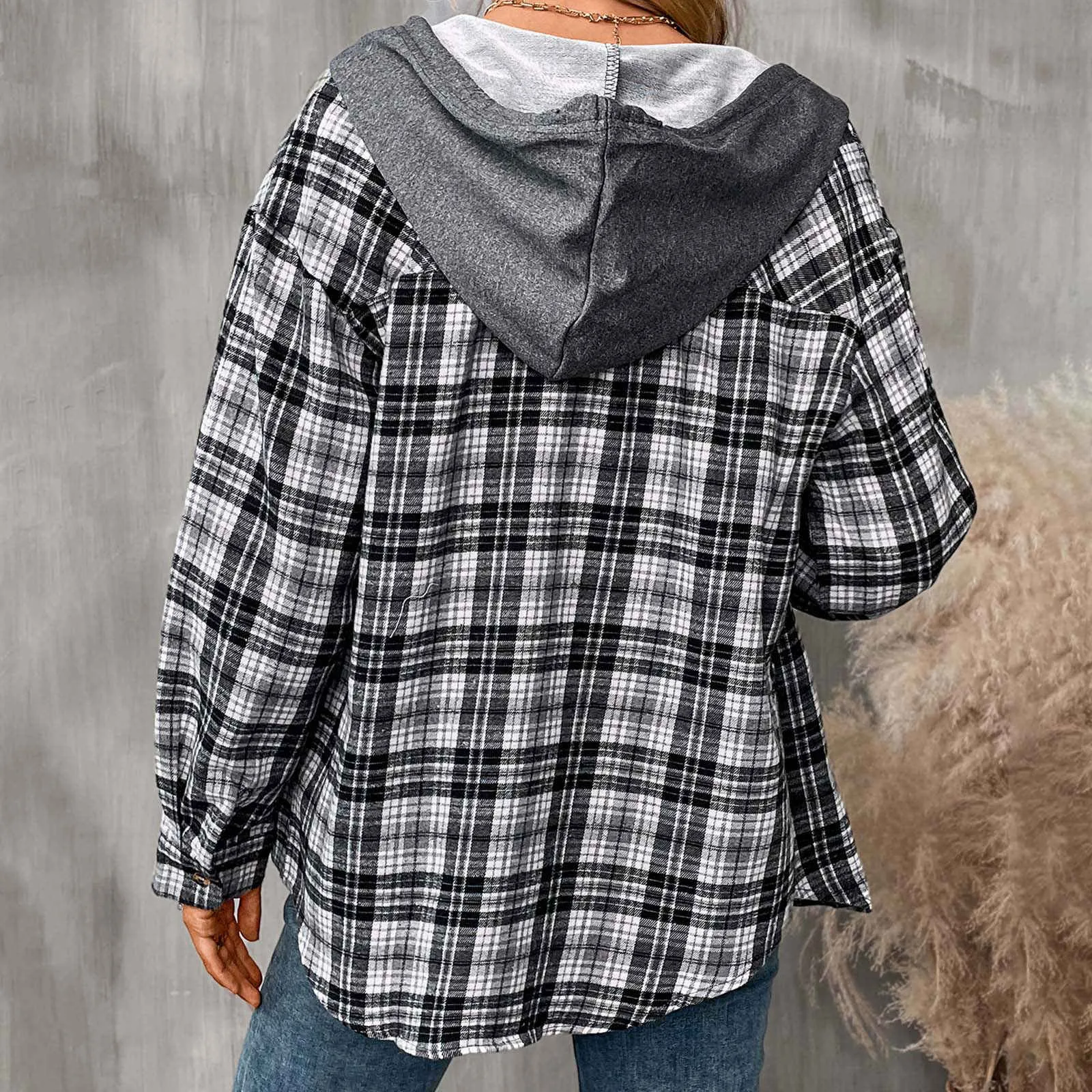 Damen lässig Kapuze Plaid Print Shirt Jacke Log Sleeve T-Shirts für Frauen