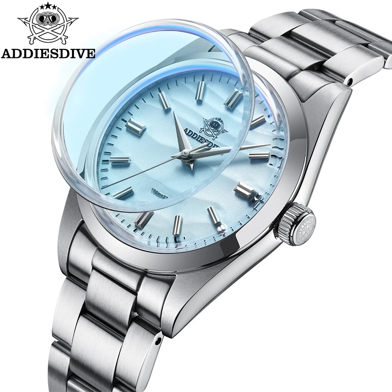 ADDIESDIVE Hot Sale Men\'s Watch Sand Dial 36mm Quartz Watch 100m Waterproof 316L Stainless Steel AR Coated Dome Glass WristWatch