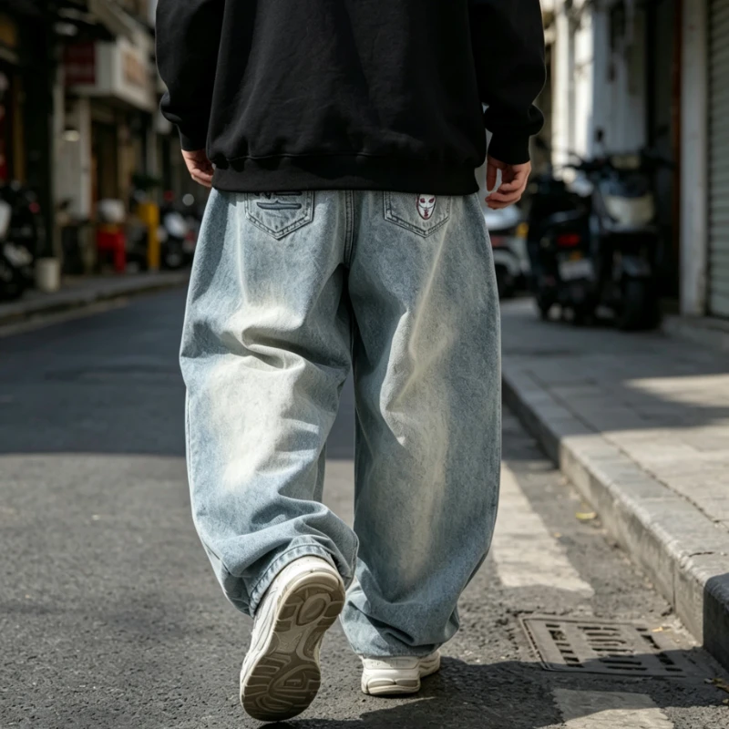 Calças Jeans Masculinas Y2K de Cintura Alta, Soltas, com Bordado em Forma de Coração Rosa, Calças Largas com Efeito Desgastado, Estilo Igual para Home