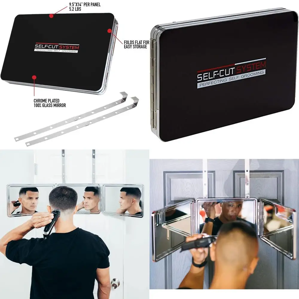 Miroir 3 voies réglable pour coupes de cheveux DIY, miroir à trois volets avec crochets en hauteur, 360 °   Voir, application d'apprentissage gratuite incluse (Lambo noir)