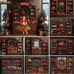 Hot Cocoa Wooden Cabinet Background for Christmas Photography Winter Room Xmas Tree Window Backdrop Kids Indoor Birthday Photo