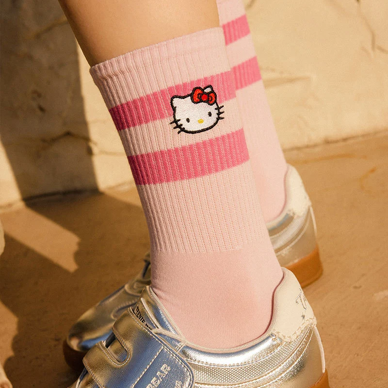 Hellokitty Kawaii Cartoon Ins Summer Woman Hosiery Bowknot Embroidery Print Knee-High Ventilate Boneless Cotton Socks