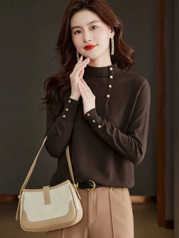 

Women's Knitted Base irt Button up f High Collar Autumn Winter Faion Versatile Soft Camere Blend Long Sve Top