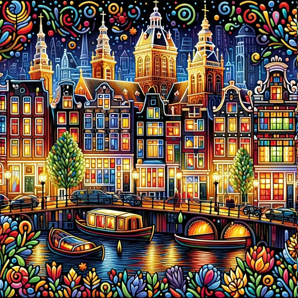 

Folk Art European City Puzzle, Nighttime Town with Glowing Lights and Floral Borders, Modern Art High Quality Perfect Home Decor