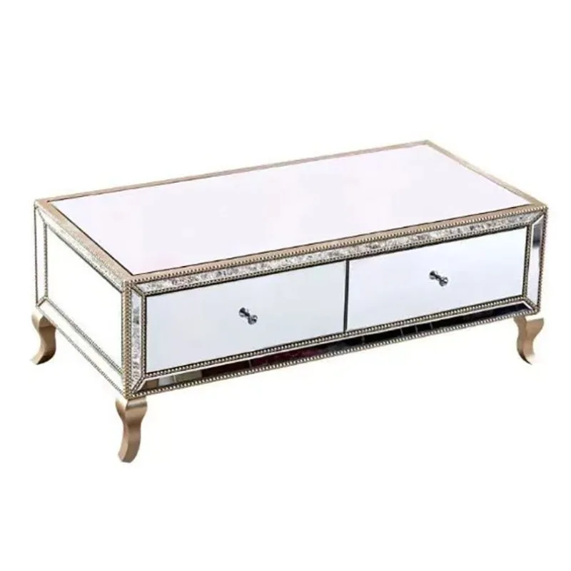 

Champagne gold American pearl, edge wood line glass mirror, storage coffee table, coffee table