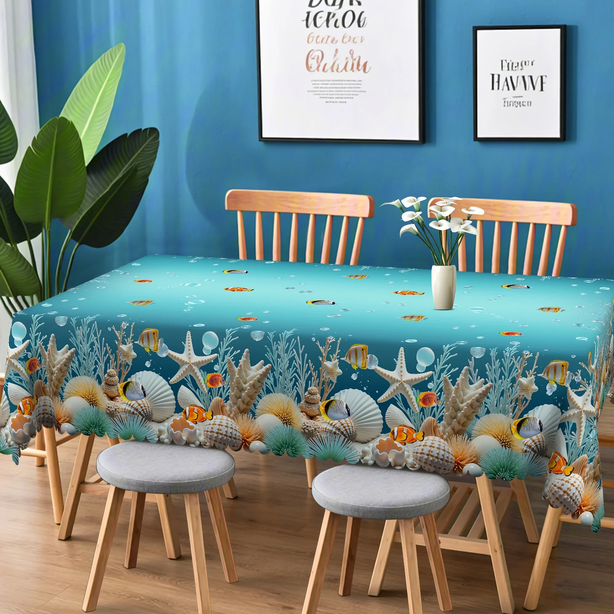 Tablecloth, 1 piece - Dreamy Underwater World Sea Star Shell Tablecloth, Summer Refreshing Ocean Style, yzb