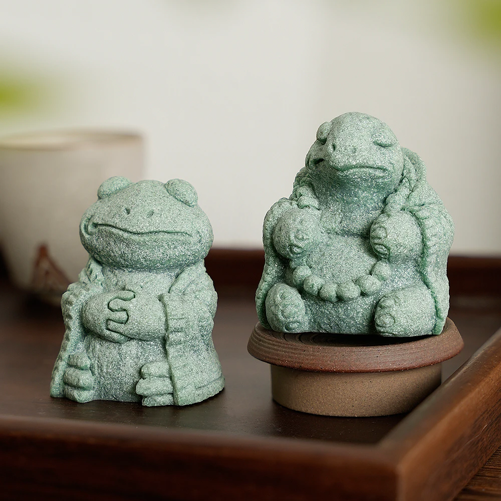 Zen Frog & Turtle Figurine Set, Green Sandstone Resin Statues, Meditation Animal Ornaments for Tea Room/Home Decor