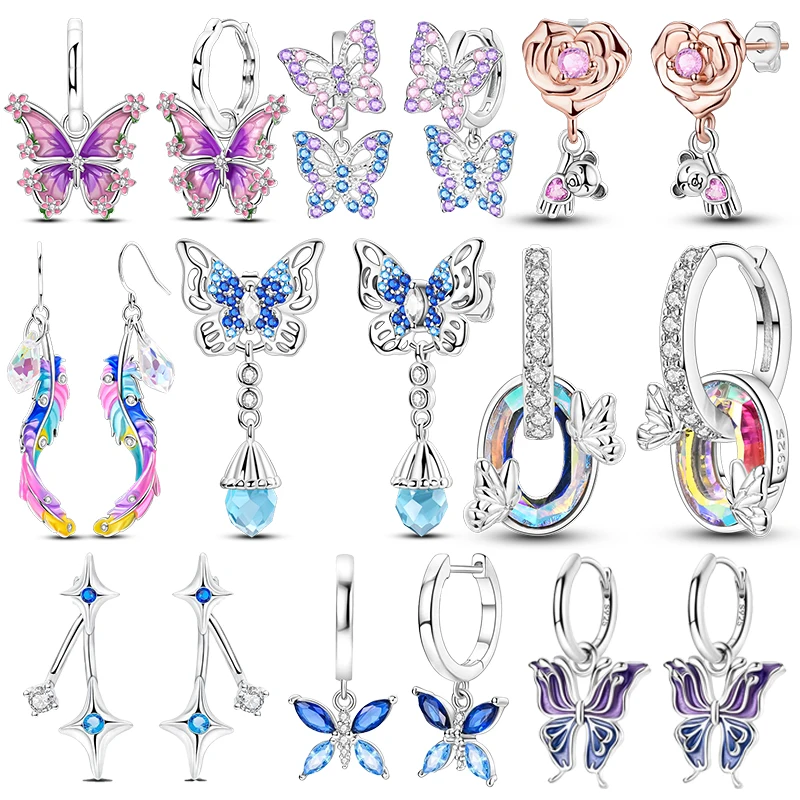 925 Sterling Silver Earrings For Women Colorful Zircon Star Butterfly Devil\'s Eye Pendants  Earrings Luxury Sparkling Jewelry