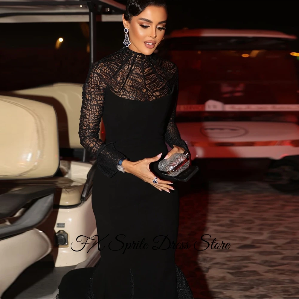 Abito da sera sexy a sirena Maglia personalizzata Collo alto Maniche lunghe Abiti da celebrità Abiti da ritorno a casa con cerniera posteriore