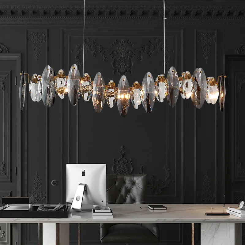 

Wave design modern crystal light chandelier for dining room luxury smoky gray cristal lamps brief kitchen island hang lamps