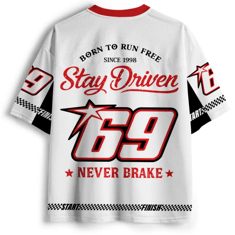 Stay Driven69 Racing Suit T-shirt 3D Full Width Retro Muscle Checkered Flag Pattern V-neck Short Sleeved Mesh Casual Loose Top