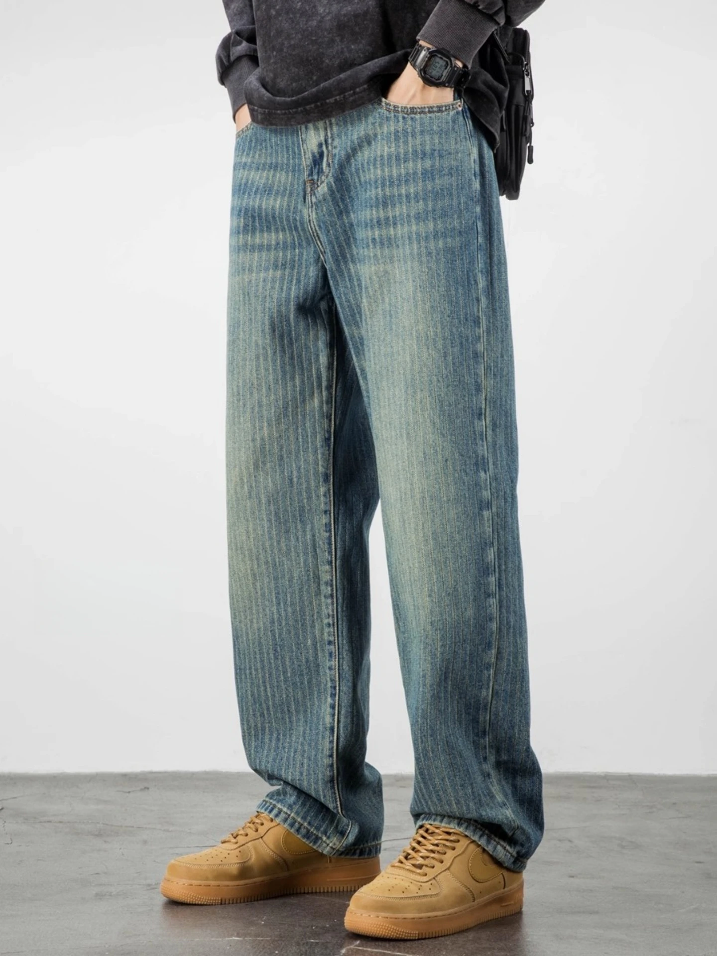 

Washed Vintage Straight Leg Men's Jeans Casual Loose American Trendy Brand Vertical Stripe High-End Wide Leg Spring Autumn
