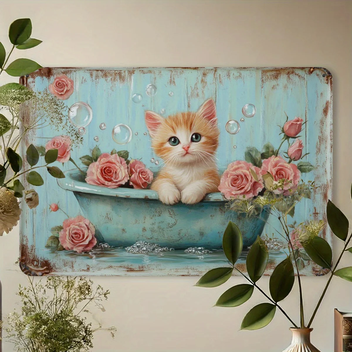 Vintage Metal Sign Featuring a Cat Enjoying a Bubble Bath, Perfect for Home Decor. This Fun Tin Artwork Is Ideal for Enhancing